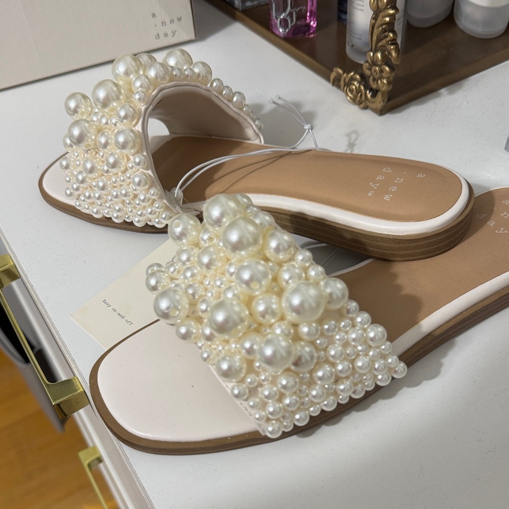 a new day Pearl-Embellished Ivory Slide Sandals